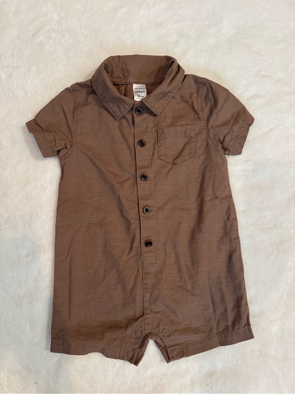 Brown Short-Sleeve Collared Button Romper